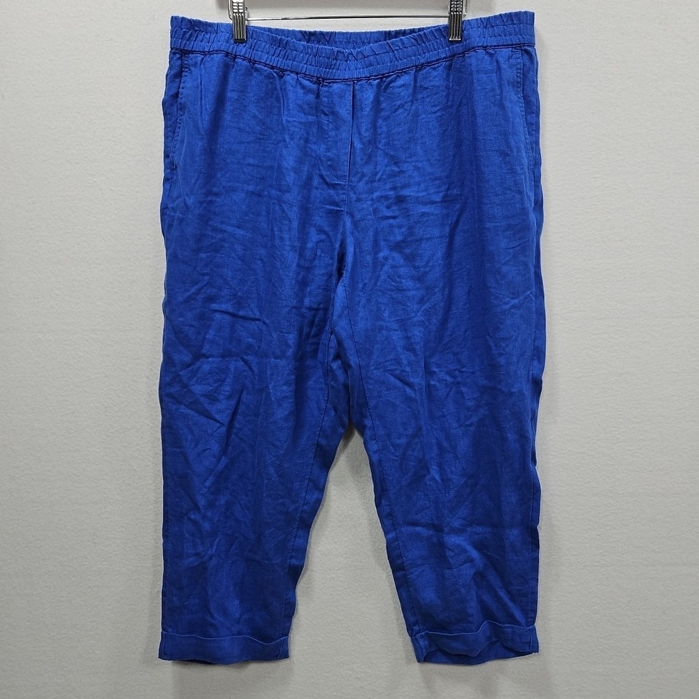 J Jill Pants Womens XLP Blue Love Linen Flat Front Cuffed Crop Pull On Beach